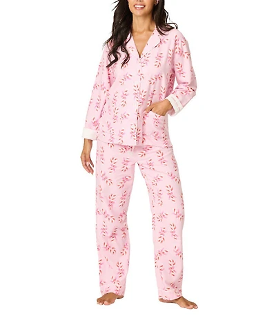 PJ Salvage Candy Cane Print #double;Sweeter Than Sugar#double; Embroidered Long Sleeve Notch Collar Flannel Pajama & Headband Holiday Set