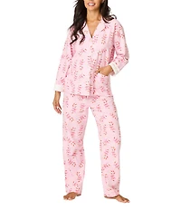 PJ Salvage Candy Cane Print #double;Sweeter Than Sugar#double; Embroidered Long Sleeve Notch Collar Flannel Pajama & Headband Holiday Set