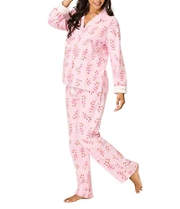 PJ Salvage Candy Cane Print #double;Sweeter Than Sugar#double; Embroidered Long Sleeve Notch Collar Flannel Pajama & Headband Holiday Set