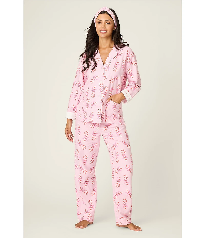PJ Salvage Candy Cane Print #double;Sweeter Than Sugar#double; Embroidered Long Sleeve Notch Collar Flannel Pajama & Headband Holiday Set