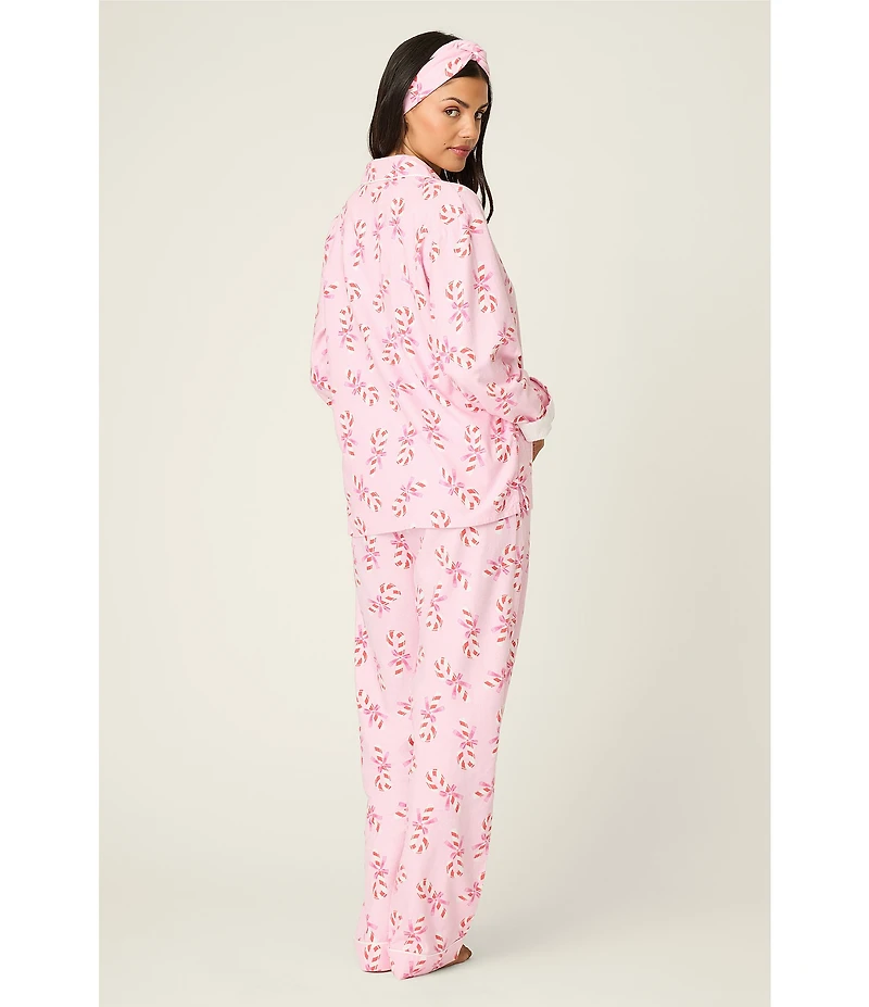 PJ Salvage Candy Cane Print #double;Sweeter Than Sugar#double; Embroidered Long Sleeve Notch Collar Flannel Pajama & Headband Holiday Set