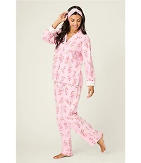 PJ Salvage Candy Cane Print #double;Sweeter Than Sugar#double; Embroidered Long Sleeve Notch Collar Flannel Pajama & Headband Holiday Set
