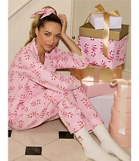 PJ Salvage Candy Cane Print #double;Sweeter Than Sugar#double; Embroidered Long Sleeve Notch Collar Flannel Pajama & Headband Holiday Set