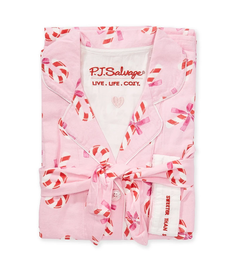 PJ Salvage Candy Cane Print #double;Sweeter Than Sugar#double; Embroidered Long Sleeve Notch Collar Flannel Pajama & Headband Holiday Set