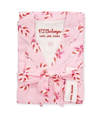 PJ Salvage Candy Cane Print #double;Sweeter Than Sugar#double; Embroidered Long Sleeve Notch Collar Flannel Pajama & Headband Holiday Set