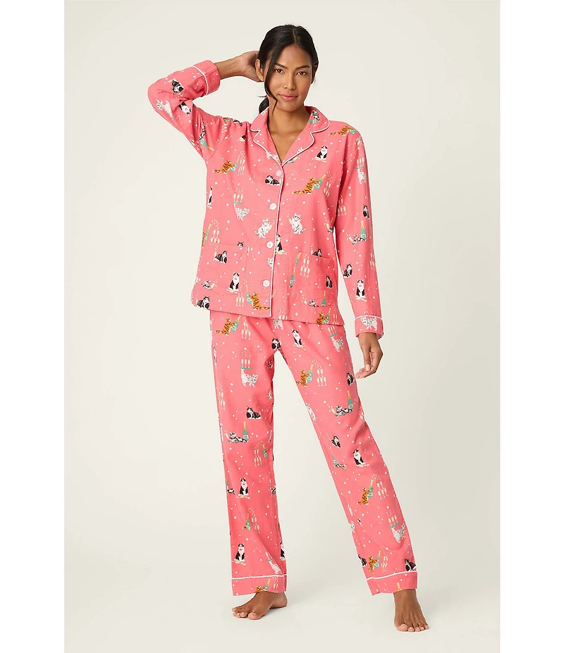 PJ Salvage Cat Print #double;Lets Get Fizzical#double; Embroidered Long Sleeve Notch Collar Flannel Pajama & Headband Holiday Set