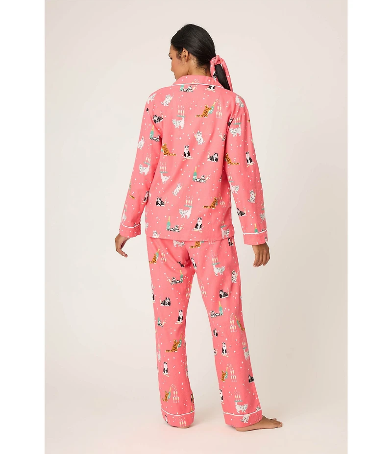 PJ Salvage Cat Print #double;Lets Get Fizzical#double; Embroidered Long Sleeve Notch Collar Flannel Pajama & Headband Holiday Set