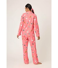 PJ Salvage Cat Print #double;Lets Get Fizzical#double; Embroidered Long Sleeve Notch Collar Flannel Pajama & Headband Holiday Set