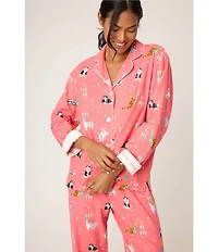 PJ Salvage Cat Print #double;Lets Get Fizzical#double; Embroidered Long Sleeve Notch Collar Flannel Pajama & Headband Holiday Set