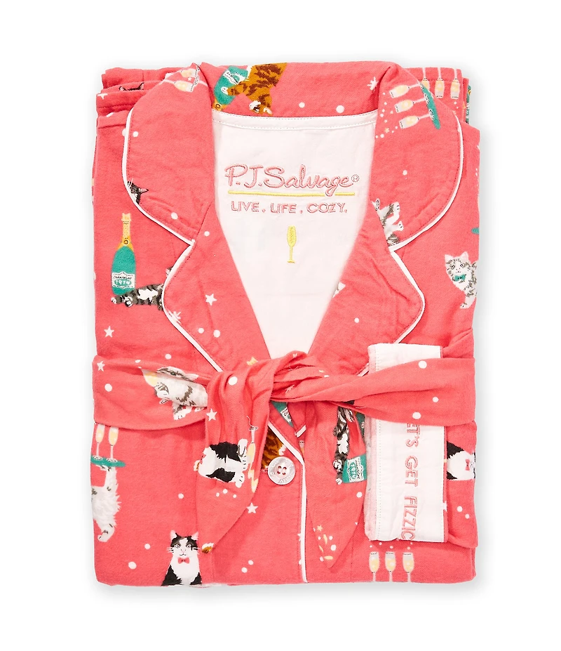PJ Salvage Cat Print #double;Lets Get Fizzical#double; Embroidered Long Sleeve Notch Collar Flannel Pajama & Headband Holiday Set