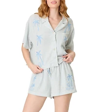 PJ Salvage Ciao Babe Short Sleeve Notch Collar Woven Striped Embroidered Shorty Pajama Set