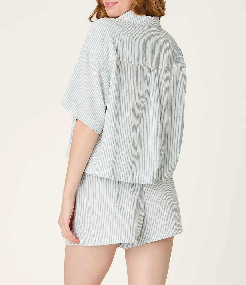 PJ Salvage Ciao Babe Short Sleeve Notch Collar Woven Striped Embroidered Shorty Pajama Set