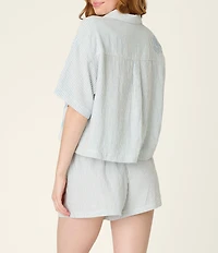 PJ Salvage Ciao Babe Short Sleeve Notch Collar Woven Striped Embroidered Shorty Pajama Set