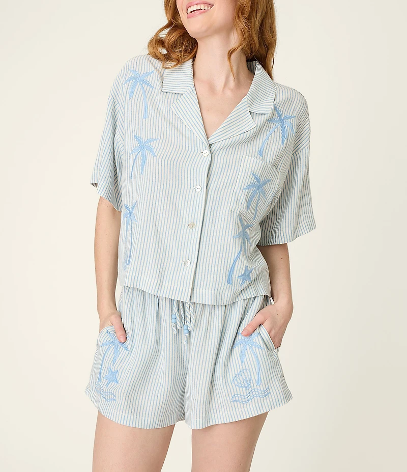 PJ Salvage Ciao Babe Short Sleeve Notch Collar Woven Striped Embroidered Shorty Pajama Set