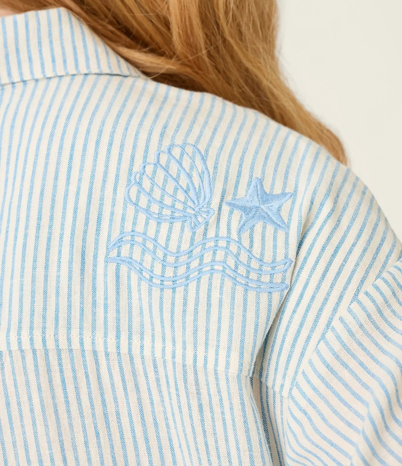 PJ Salvage Ciao Babe Short Sleeve Notch Collar Woven Striped Embroidered Shorty Pajama Set