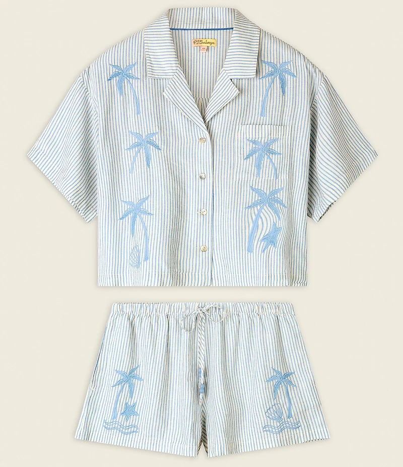 PJ Salvage Ciao Babe Short Sleeve Notch Collar Woven Striped Embroidered Shorty Pajama Set