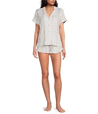 PJ Salvage Double Brushed Pointelle Knit Short Sleeve Notch Collar Floral Stripe Shorty Pajama Set with Eye Mask