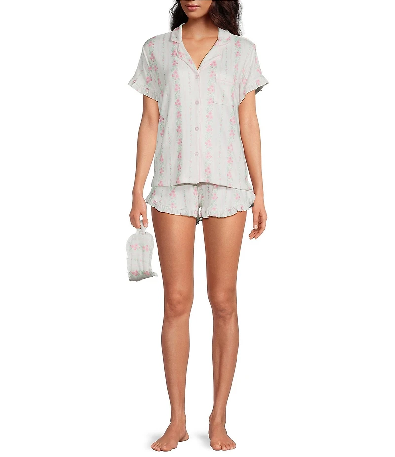 PJ Salvage Double Brushed Pointelle Knit Short Sleeve Notch Collar Floral Stripe Shorty Pajama Set with Eye Mask