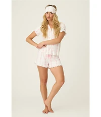 PJ Salvage Double Brushed Pointelle Knit Short Sleeve Notch Collar Floral Stripe Shorty Pajama Set with Eye Mask