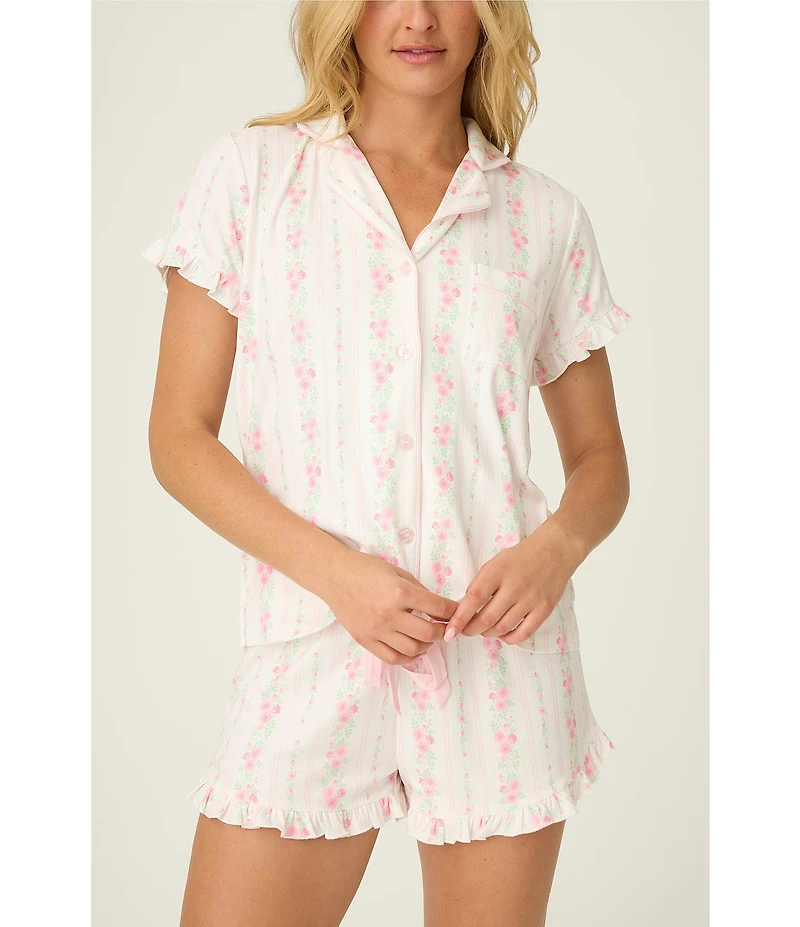 PJ Salvage Double Brushed Pointelle Knit Short Sleeve Notch Collar Floral Stripe Shorty Pajama Set with Eye Mask