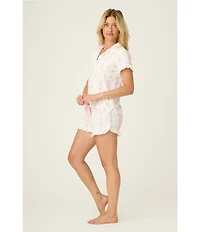 PJ Salvage Double Brushed Pointelle Knit Short Sleeve Notch Collar Floral Stripe Shorty Pajama Set with Eye Mask