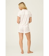 PJ Salvage Double Brushed Pointelle Knit Short Sleeve Notch Collar Floral Stripe Shorty Pajama Set with Eye Mask