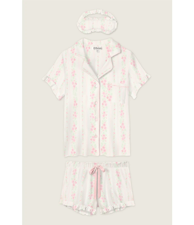PJ Salvage Double Brushed Pointelle Knit Short Sleeve Notch Collar Floral Stripe Shorty Pajama Set with Eye Mask
