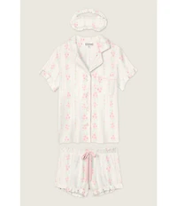 PJ Salvage Double Brushed Pointelle Knit Short Sleeve Notch Collar Floral Stripe Shorty Pajama Set with Eye Mask