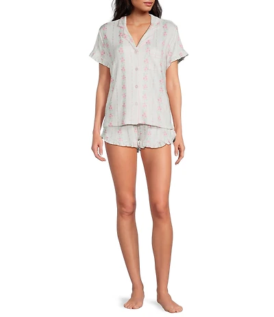 PJ Salvage Double Brushed Pointelle Knit Short Sleeve Notch Collar Floral Stripe Shorty Pajama Set with Eye Mask