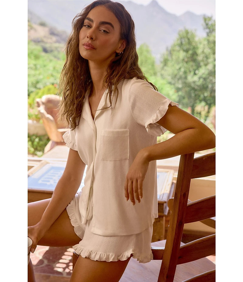 Pj Salvage Double Brushed Pointelle Knit Short Sleeve Notch Collar Shorty Pajama Set with Eye Mask