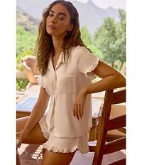 Pj Salvage Double Brushed Pointelle Knit Short Sleeve Notch Collar Shorty Pajama Set with Eye Mask