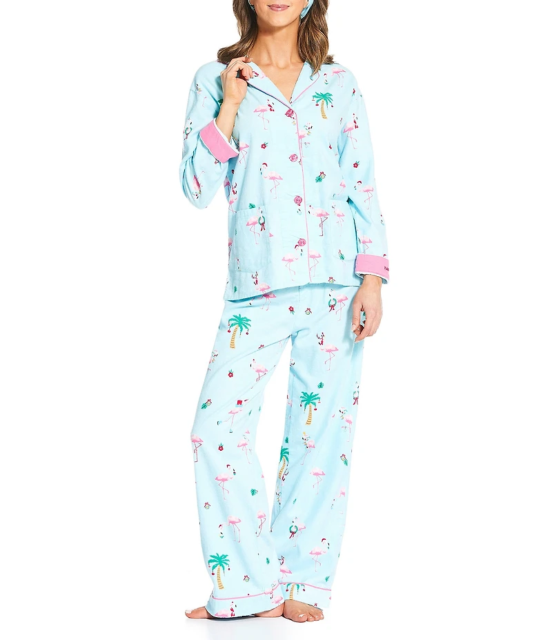 PJ Salvage #double;Flamingo All The Way#double; Embroidered Long Sleeve Notch Collar Flannel Pajama & Headband Holiday Pajama Set