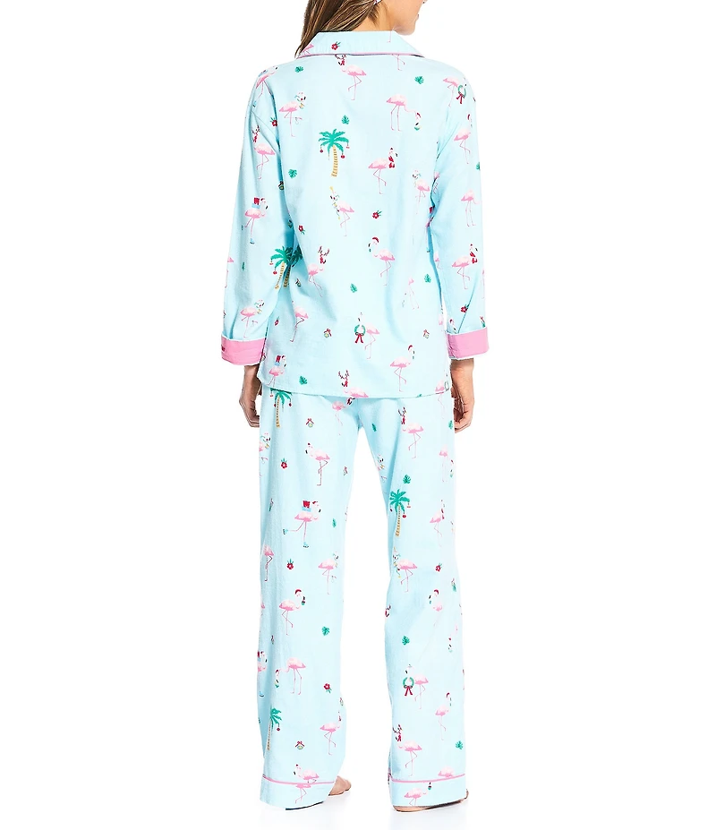 PJ Salvage #double;Flamingo All The Way#double; Embroidered Long Sleeve Notch Collar Flannel Pajama & Headband Holiday Pajama Set