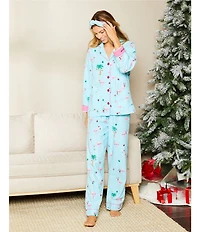 PJ Salvage #double;Flamingo All The Way#double; Embroidered Long Sleeve Notch Collar Flannel Pajama & Headband Holiday Pajama Set