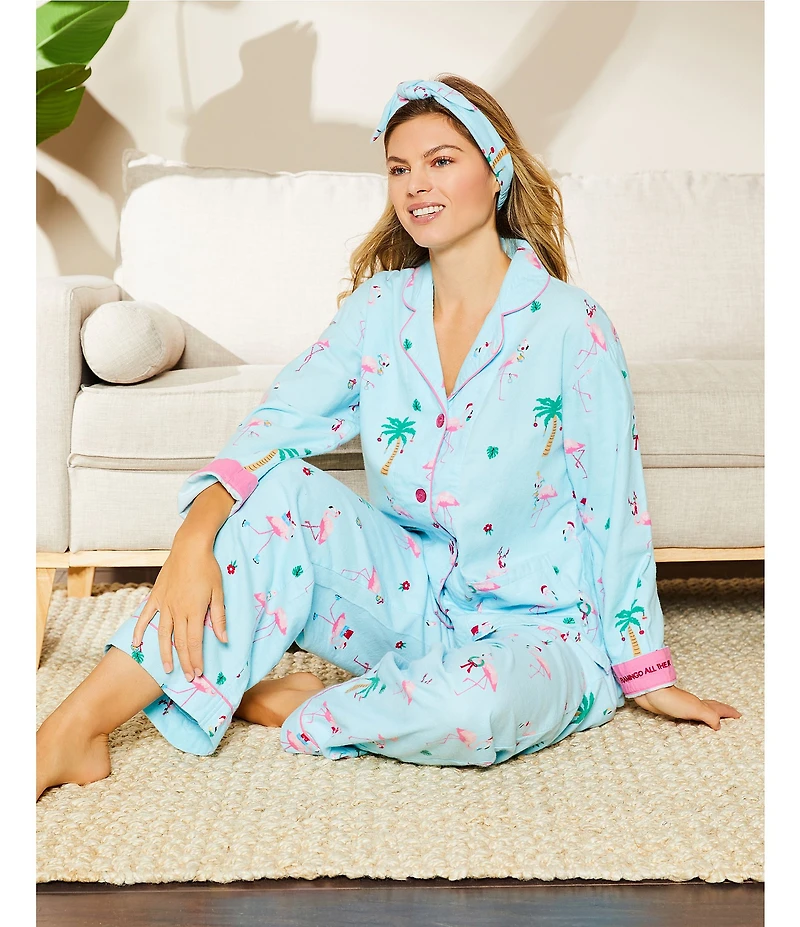PJ Salvage #double;Flamingo All The Way#double; Embroidered Long Sleeve Notch Collar Flannel Pajama & Headband Holiday Pajama Set