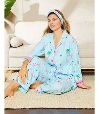 PJ Salvage #double;Flamingo All The Way#double; Embroidered Long Sleeve Notch Collar Flannel Pajama & Headband Holiday Pajama Set