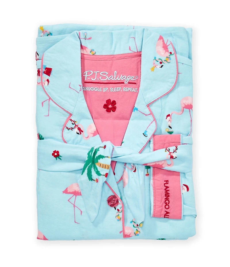 PJ Salvage #double;Flamingo All The Way#double; Embroidered Long Sleeve Notch Collar Flannel Pajama & Headband Holiday Pajama Set