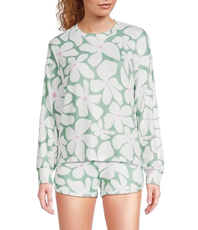 PJ Salvage Floral Print Long Sleeve Crew Neck Peachy Knit Coordinating Sleep Top