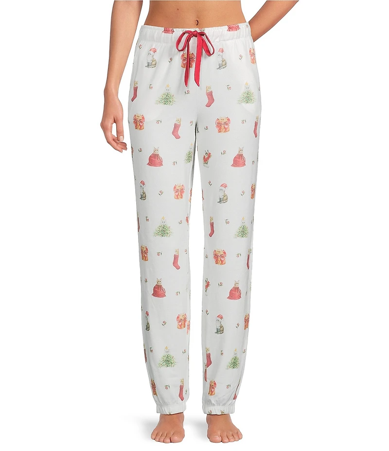 PJ Salvage Holiday Cat Print Coordinating Drawstring Tie Sleep Joggers
