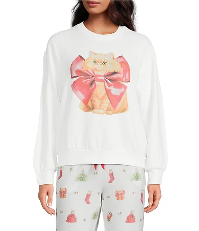 PJ Salvage Holiday Cat Print Long Sleeve Crew Neck Knit Sleep Top
