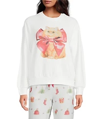 PJ Salvage Holiday Cat Print Long Sleeve Crew Neck Knit Sleep Top
