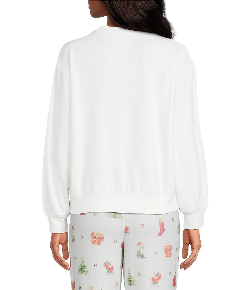 PJ Salvage Holiday Cat Print Long Sleeve Crew Neck Knit Sleep Top