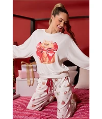 PJ Salvage Holiday Cat Print Long Sleeve Crew Neck Knit Sleep Top
