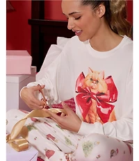 PJ Salvage Holiday Cat Print Long Sleeve Crew Neck Knit Sleep Top
