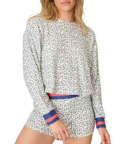 PJ Salvage Leopard Print Peachy Knit Long Sleeve Crew Neck Coordinating Sleep Top