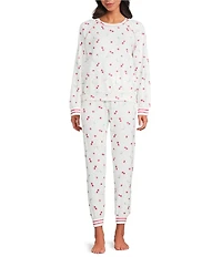 PJ Salvage Long Sleeve Crew Neck Cherry Print Long Peachy Knit Valentine's Day Pajama Set