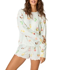 Pj Salvage Long Sleeve Crew Neck Cocktail Print Butter Jersey Knit Coordinating Sleep Top