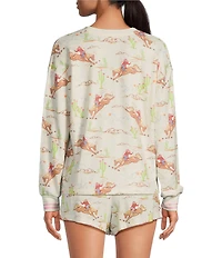 PJ Salvage Long Sleeve Crew Neck Cowgirl Western Print Peachy Knit Coordinating Sleep Top