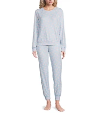 PJ Salvage Long Sleeve Crew Neck Heart Candy Print Long Peachy Knit Valentine's Day Pajama Set