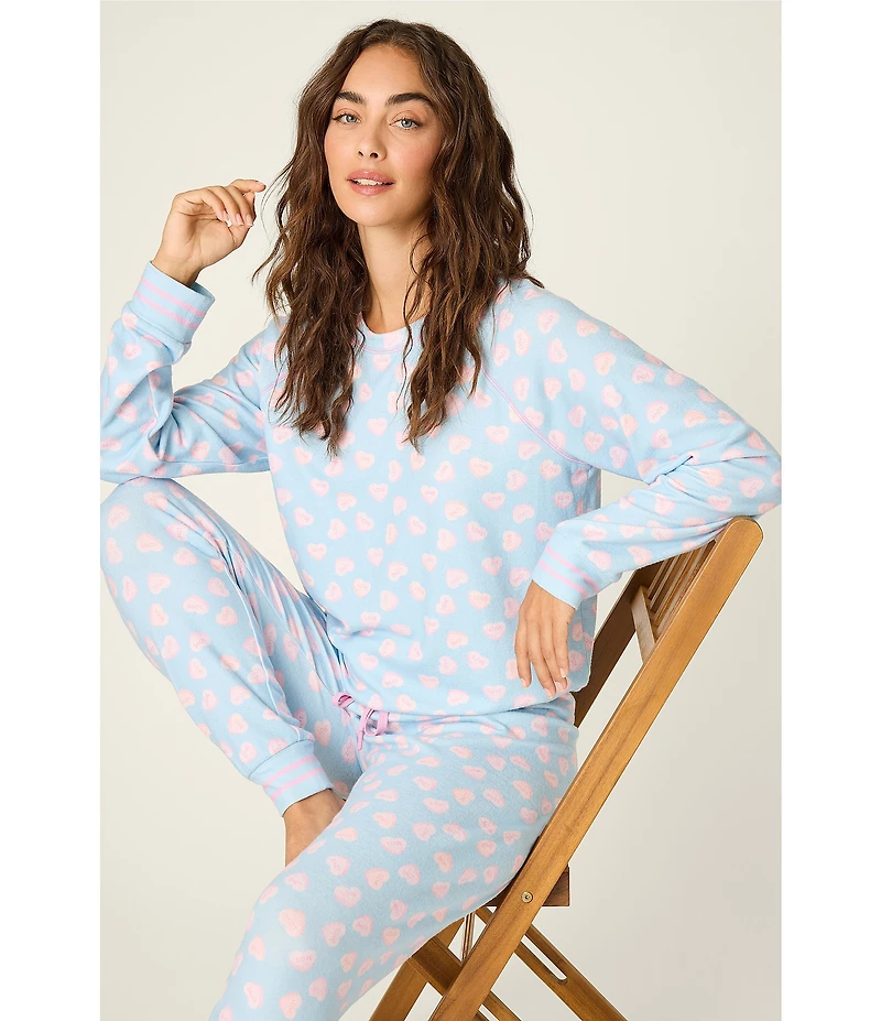 PJ Salvage Long Sleeve Crew Neck Heart Candy Print Long Peachy Knit Valentine's Day Pajama Set